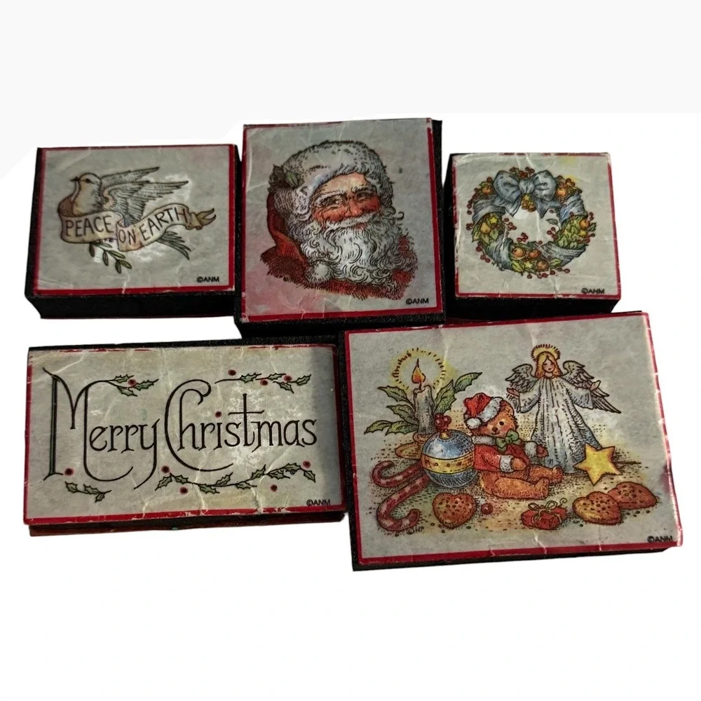 Vintage All Night Media Christmas Rubber Stamps Set Santa Angel Wreath 5 Pc Lot